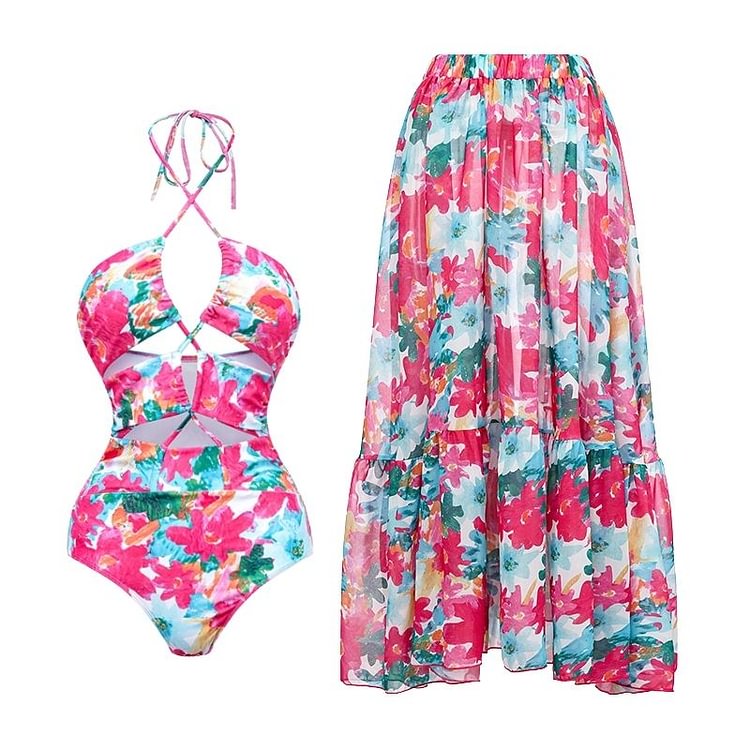 Flaxmaker Halter Straps Cutout Rose Red Floral Doodle One Piece Swimsuit and Skirt