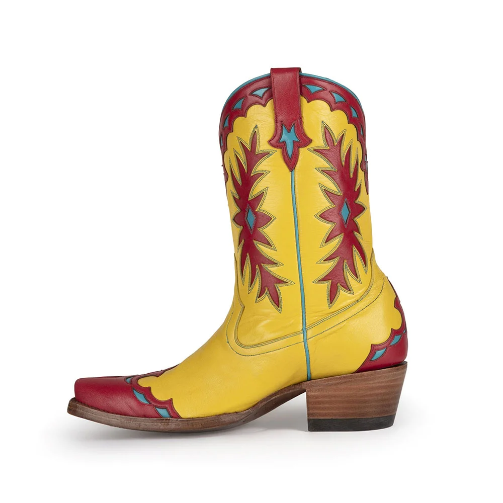 Red & Yellow Stacked Heel Decorative Inlay Wide Calf Cowgirl Boots