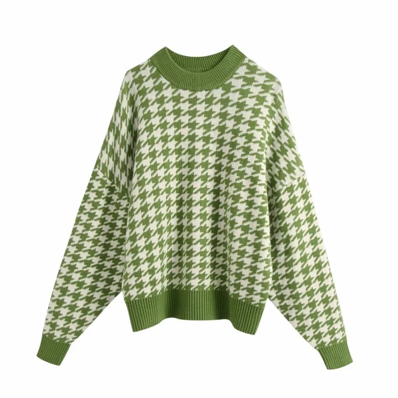 Women Houndstooth Knitting Loose Sweater Casual Femme O-Neck Long Sleeve Pullover High Street Lady Tops SW898