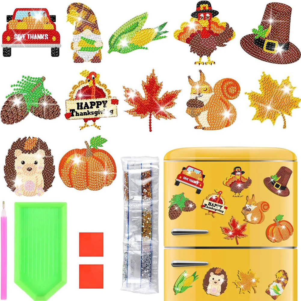 12pcs DIY Thanksgiving Diamond Painting Magnets Refrigerator for Adult Kid Fridge Car