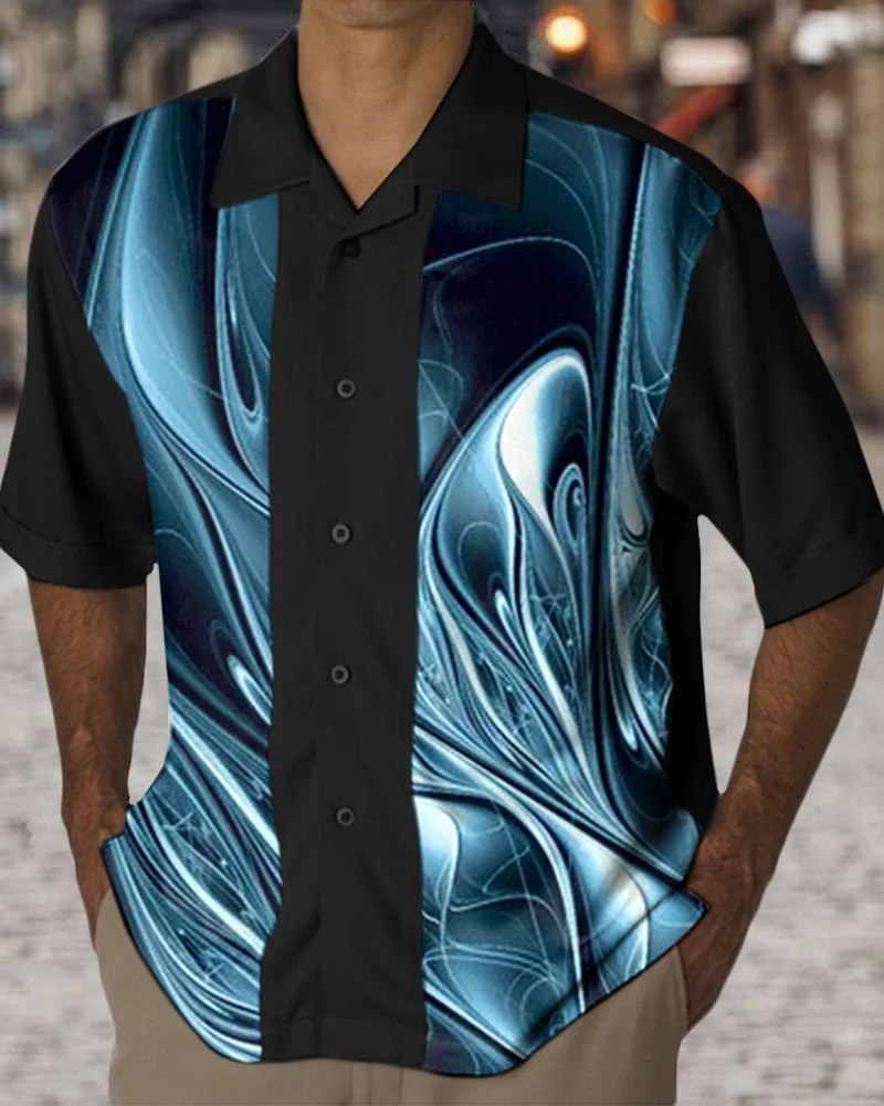 Men's Shirt Casual Blue Abstract Print Black Short Sleeve