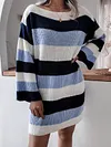 Off-The-Shoulder Contrast Color Striped Loose Long Sleeve Sweater Mini Dress