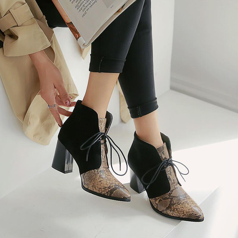 VCSHOES Leather Snakeskin Lace Up Chunky Heel Ankle Boots