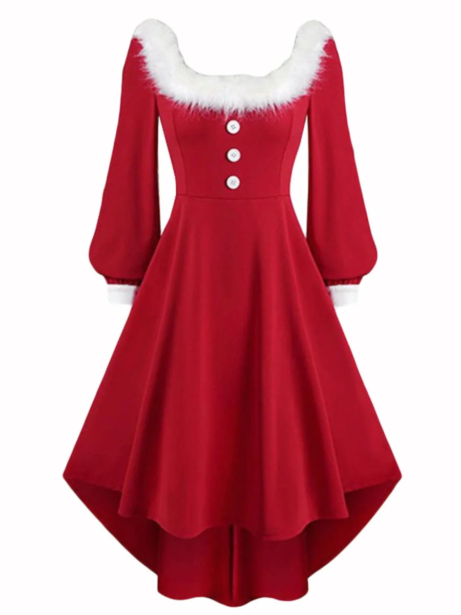 Women's Christmas Costumes Lantern Sleeve Button Plush High Low Swing Dress