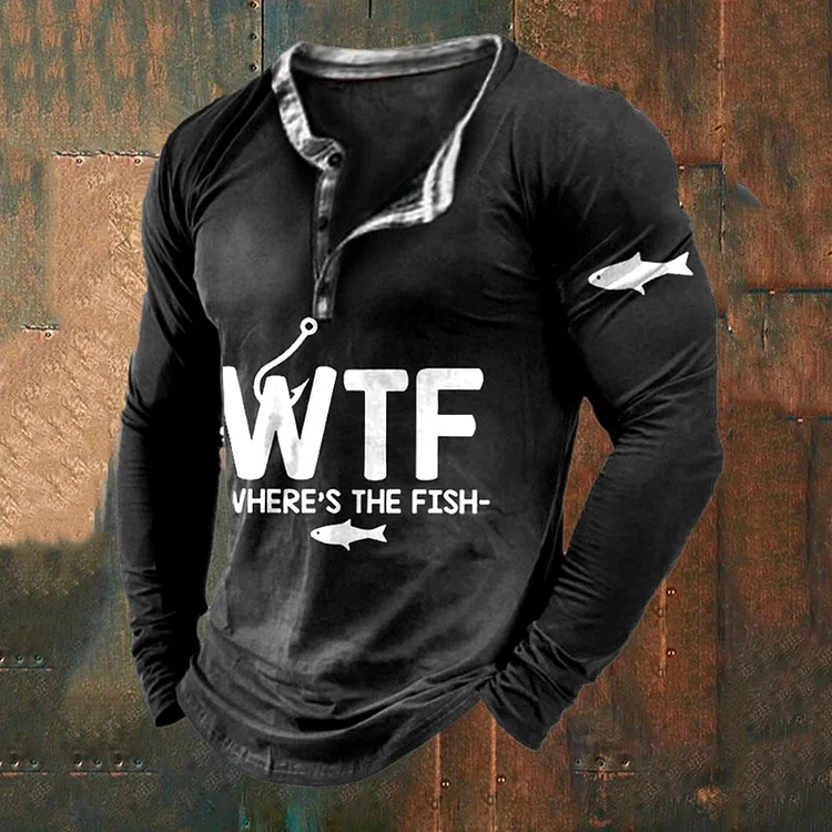 VChics Men's WTF Where's The Fish Print Vintage Long Sleeve T-Shirt