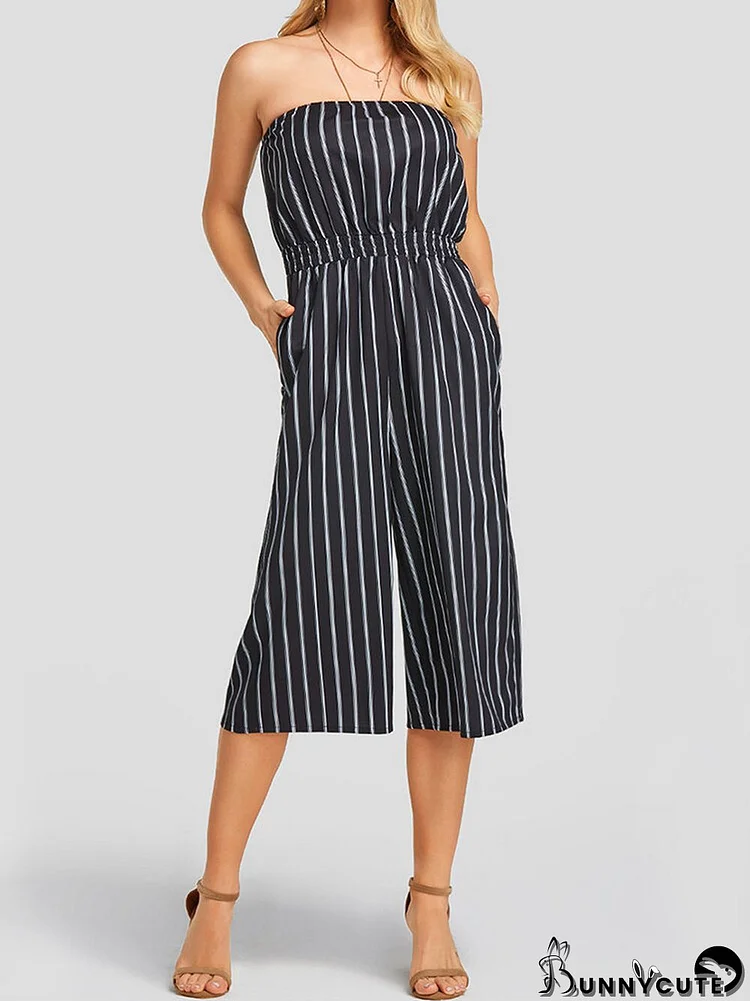 Striped Print Pocket Off-shoulder Sleeveless Casual Jumpsuit for Women