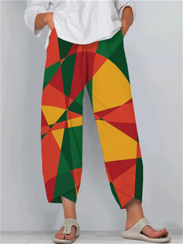 Abstract Art Print Cropped Casual Pants