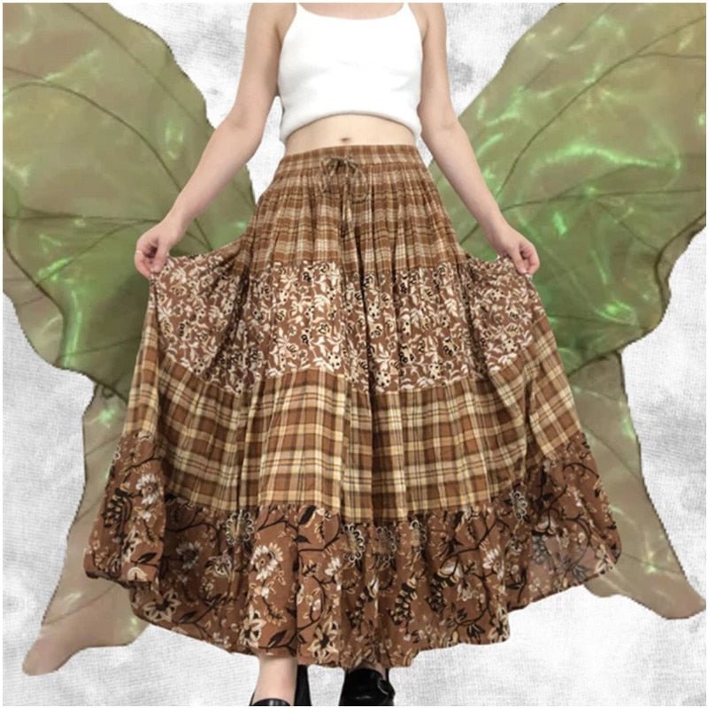 Xingqing Y2k Skirts Retro Plaid Floral Patchwork Lace Up Bandage Long Pleated Skirts Grunge Fairycore Boho Beach Holiday Skirt
