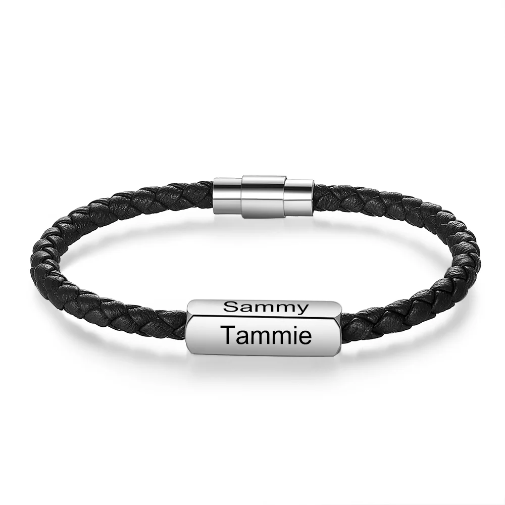 Herren Lederarmband Graviert 4 Namen Personalisierte ID Armbänder Schwarz Kettenmachen