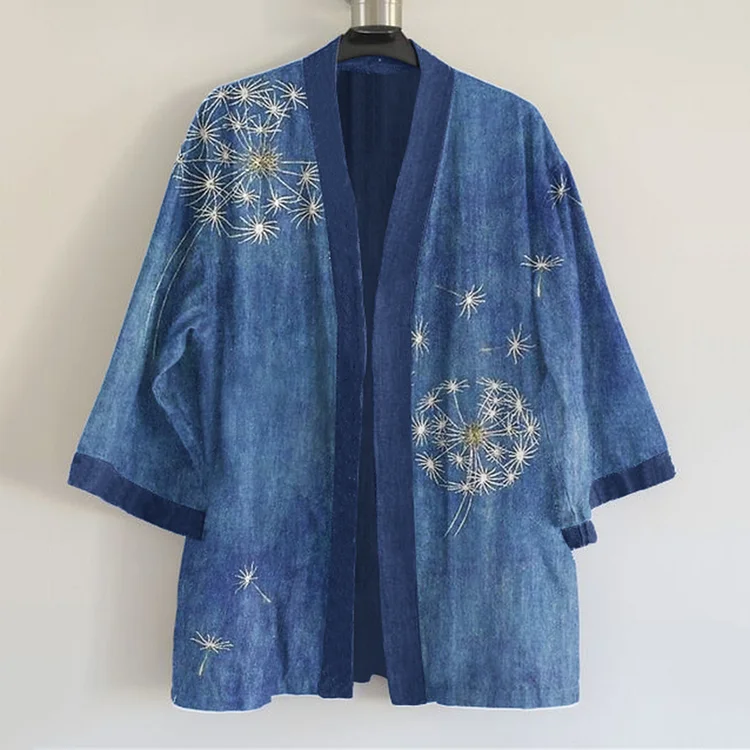 Japanese Traditional Sashiko Dandelion Art Pattern Art Print Linen Blend Kimono Cardigan