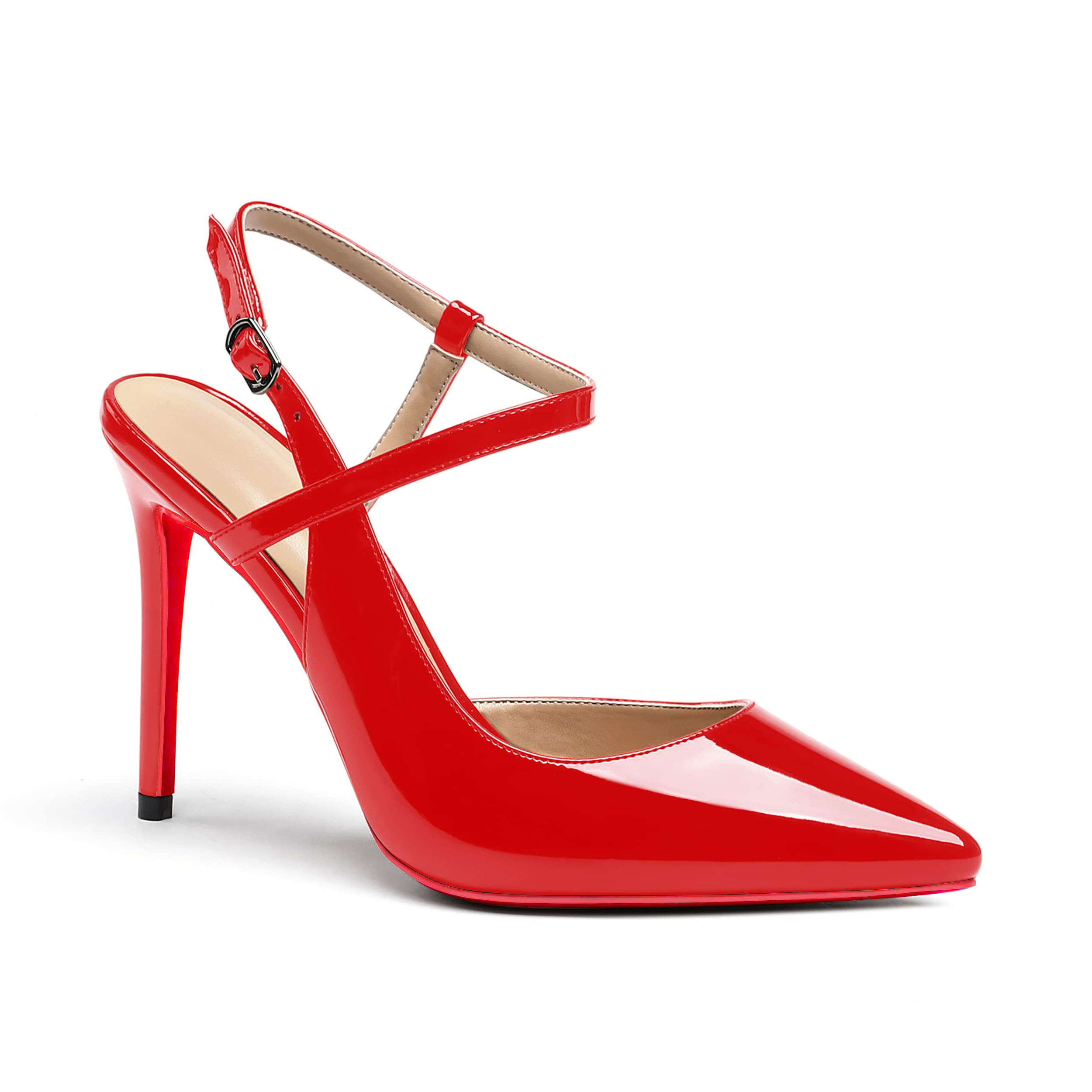 100mm Women Slingback Patent Pumps Ankle Strap Jenlove Stiletto Mid Heel Close Pointed Toe Dress Red Bottoms Shoes VOCOSI James Yang