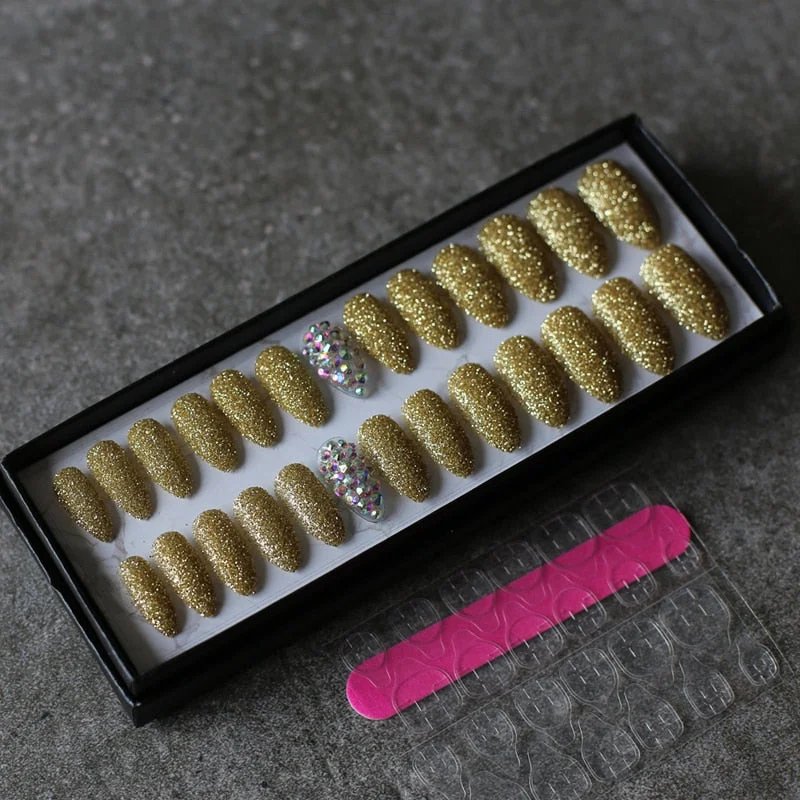 Art design Glitter powder fake nails red pink 26pcs Stiletto Full crystal diamond false nails wedding nails-Nail Inspo