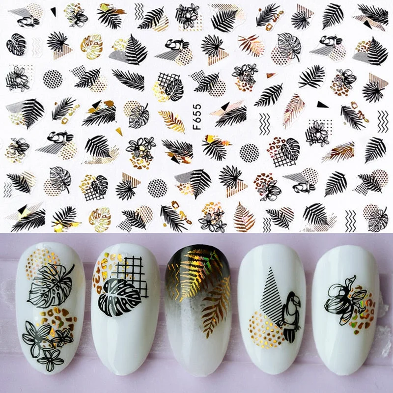1 Sheet iridescent Nail Sticker Black leave 3D Transfer Beautiful Nail Decals Decoration Summer Popupar DIY Nail Design