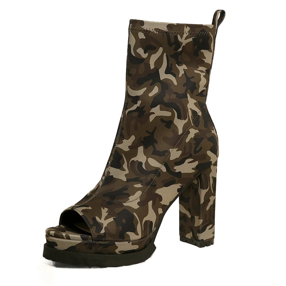 Camouflage Open Toe Boots Chunky Heel Ankle Boots For Women Nicepairs