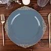 10 Pack | 10" Round Plastic Dinner Plates in Vintage Dusty Blue, Gold Leaf Embossed Baroque Disposable Plates