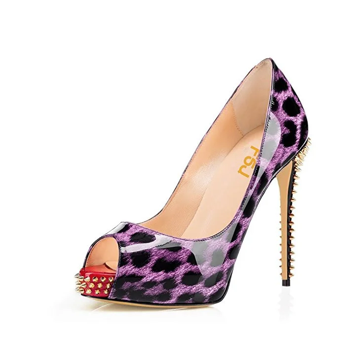 Patent  Purple Leopard Print Heels Peep Toe Rivets Stiletto Heel Pumps |FSJ Shoes