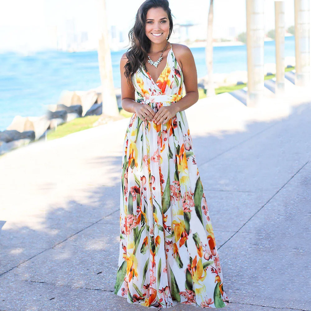 Bohemian Print Fashion V-neck Suspender Beach Dress | EGEMISS