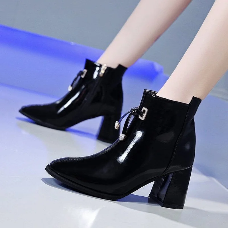 Children's mid-heel side zipper square toe nude boots, new British style thick heel ankle boots, wild high-heeled Martin boots
