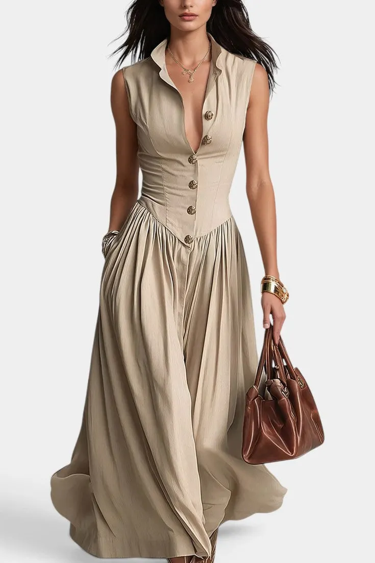 Structured V-Neck Maxi Dress with Button Closure