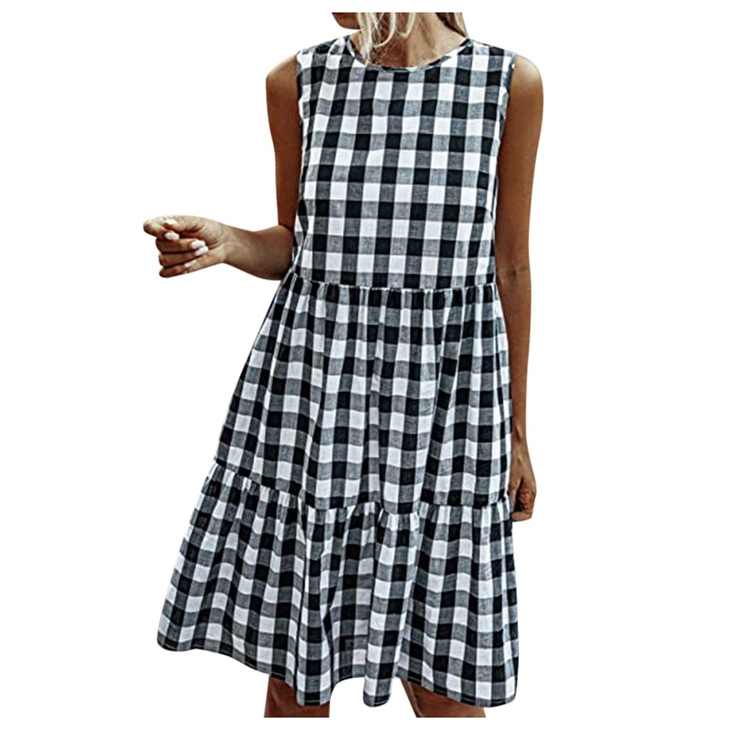 Fashion Women Plaid Short Dress Pockets A-line Dress Casual Summer Beach Dress Sundress