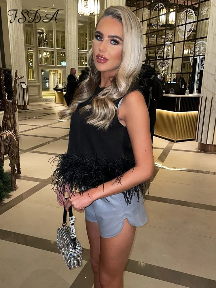 2022 Satin Sleeveless Crop Top Feathers Women Black Off Shoulder Summer White Cami Y2K Sexy Tank Tops Club Party