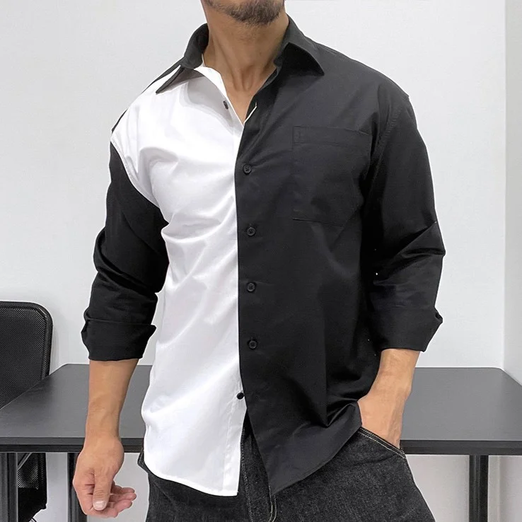 Men's White Black Contrast Casual Long Sleeve Shirts-VESSFUL