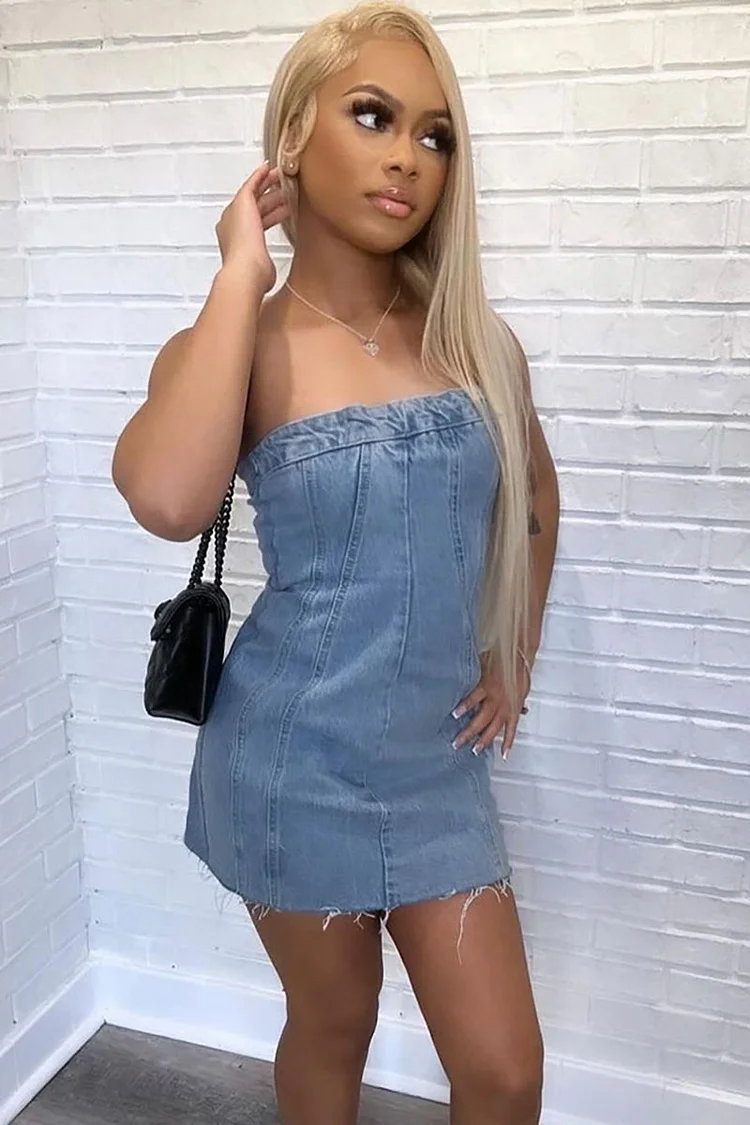 Denim Boat Neck Strapless Mini Dresses