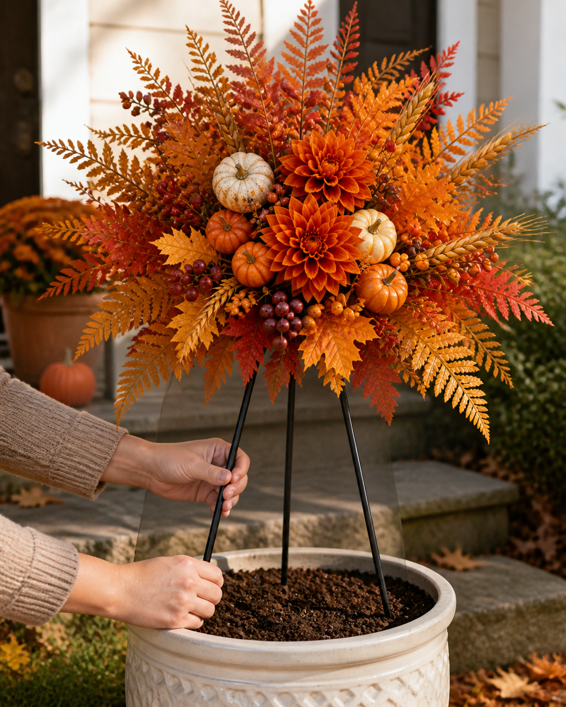 Hands placing the three-leg harvest floral stake into a porch planter