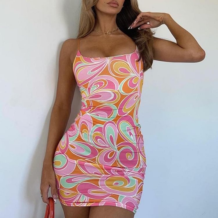 Pink Silky Abstract Floral Print Strap Mini Dress Katch Me