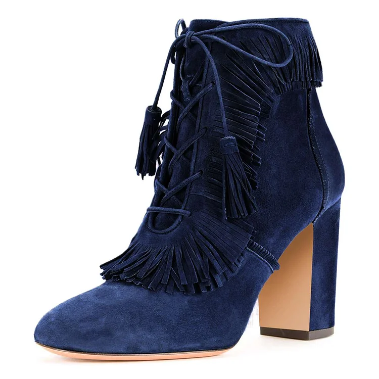 Blue Vegan Suede Chunky Heel Fringe Lace Up Ankle Boots |FSJ Shoes