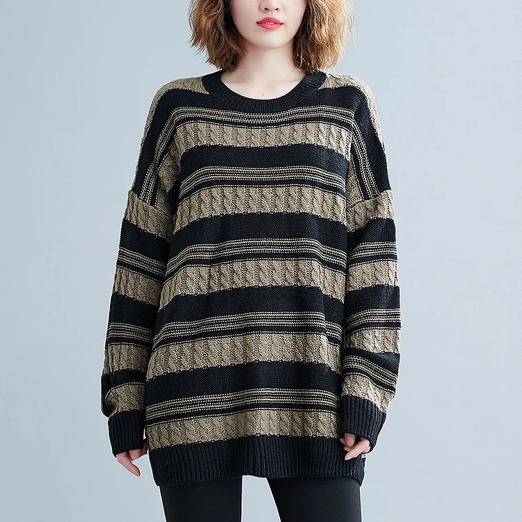 Casual Splicing Striped Round Neck Sweater - yankia