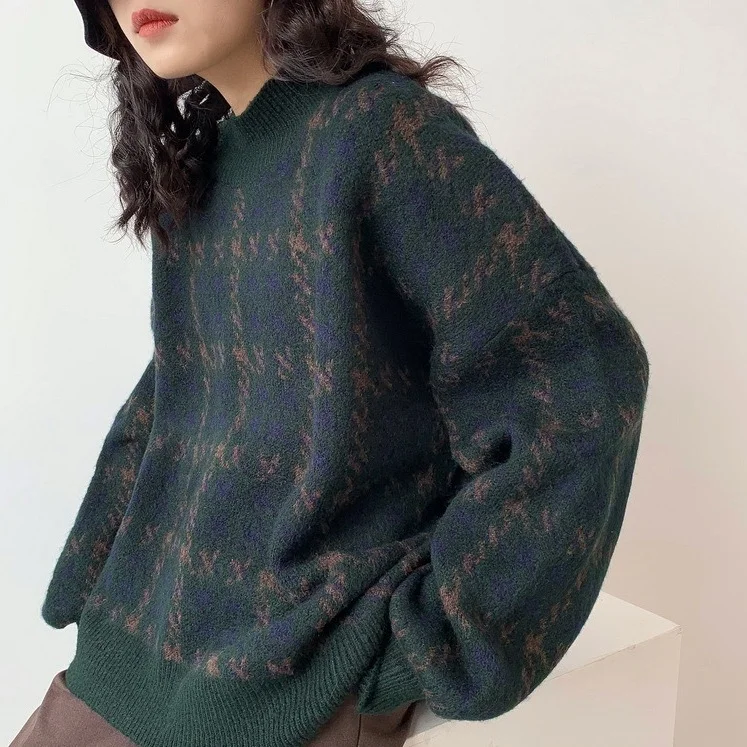 Toloer Toloer Winter Thousand Bird Case New Christmas Add Thick Wine Red Sweater Female Retro Ancient Port Wind Advanced Feeling Languid Lazy French-Outfit Ideas