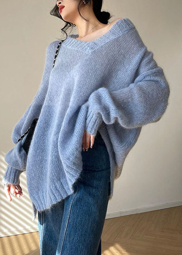 VCSHOES Blue V Neck Hollow Out Cozy Knit Sweater Tops Spring