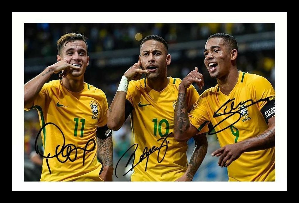 Neymar JR & Coutinho & Gabriel Jesus - Brazil Autograph Signed & Framed Photo Poster painting