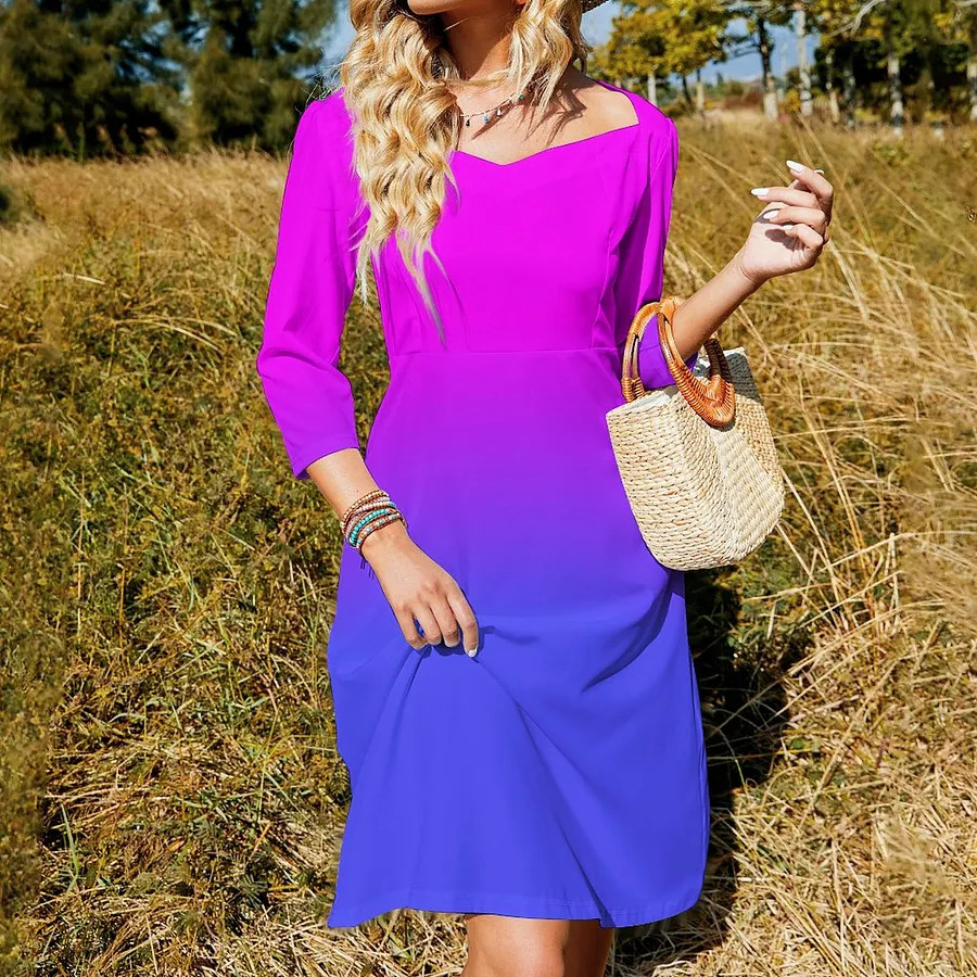 neon ombre dress SFNEEWHO Neon Blue And Hot Pink Ombre Shade Color Fade Dress Sweetheart Tie  Back Flared 3/4 Sleeve Midi Dresses