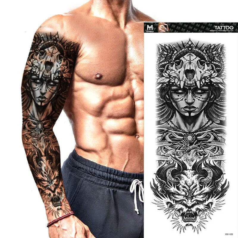 Sdrawing Temporary Full Arm Tattoos Man Women Cool Leg Art Tiger Wolf Black Sleeve Large Fake Sticker Glitter Multiple Style
