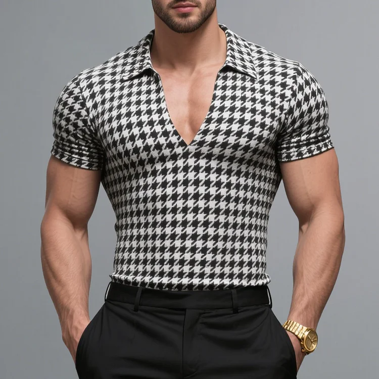 Okaywear Business Turndown Collar V Neck Short Sleeve Houndstooth Shirt Okaywear
