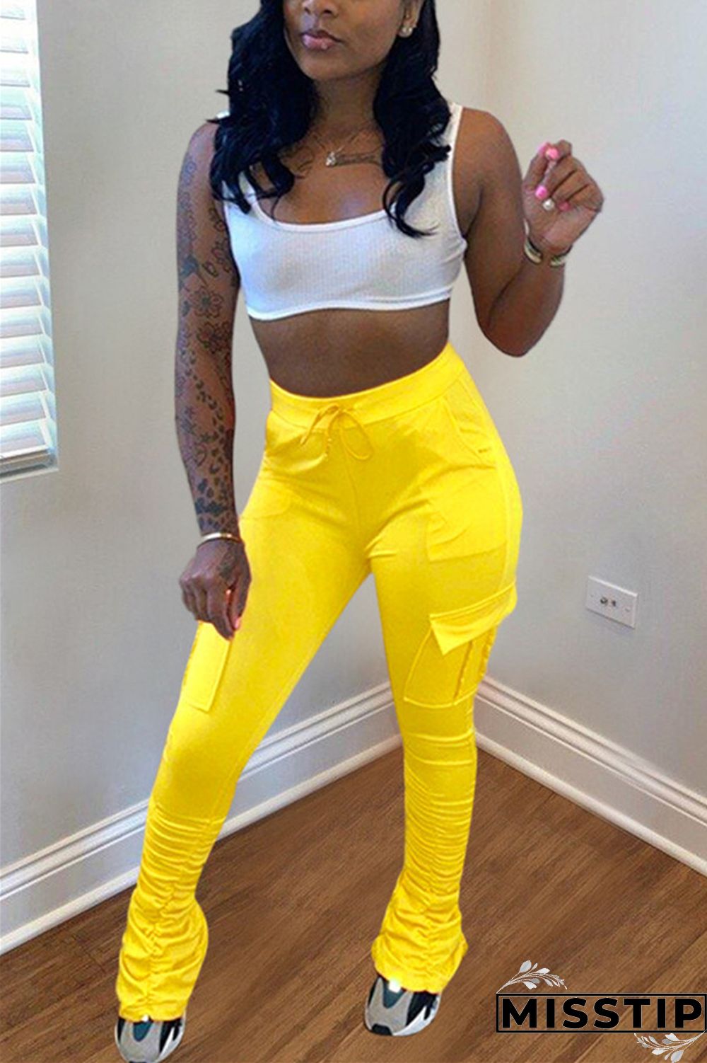 Fluorescent green Drawstring High Solid Pocket Draped Boot Cut Pants Bottoms