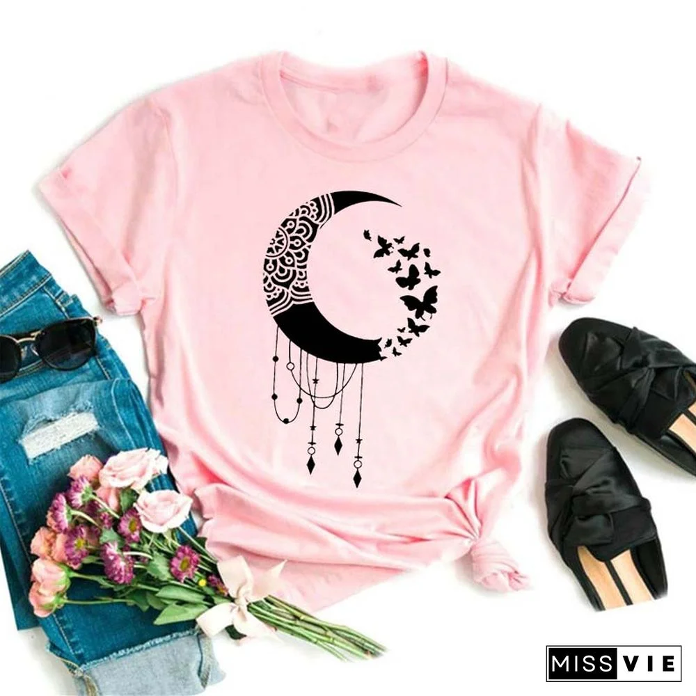 Maycaur Women Harajuku T Shirt New Moon Star Printed T Shirt O-Neck Summer Short Sleeve Tees Women Clothes Graphic T Shirts