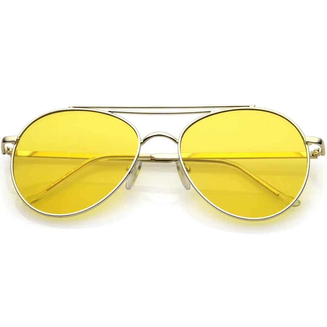 Premium Aviator glasses Double Crossbar Slim Metal Arms Round Flat Lens 55mm