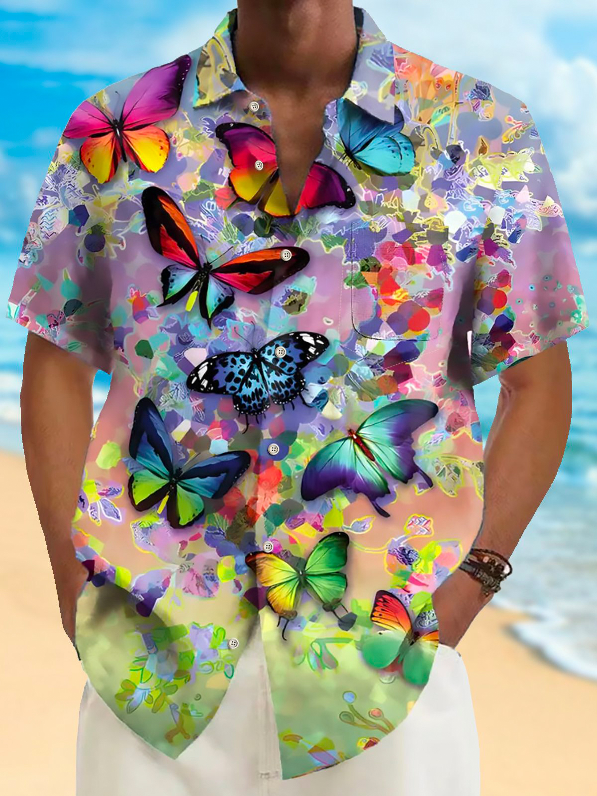 Retro Butterfly Print Chest Pocket Short Sleeve Shirt PLUSCLOTHESMAN