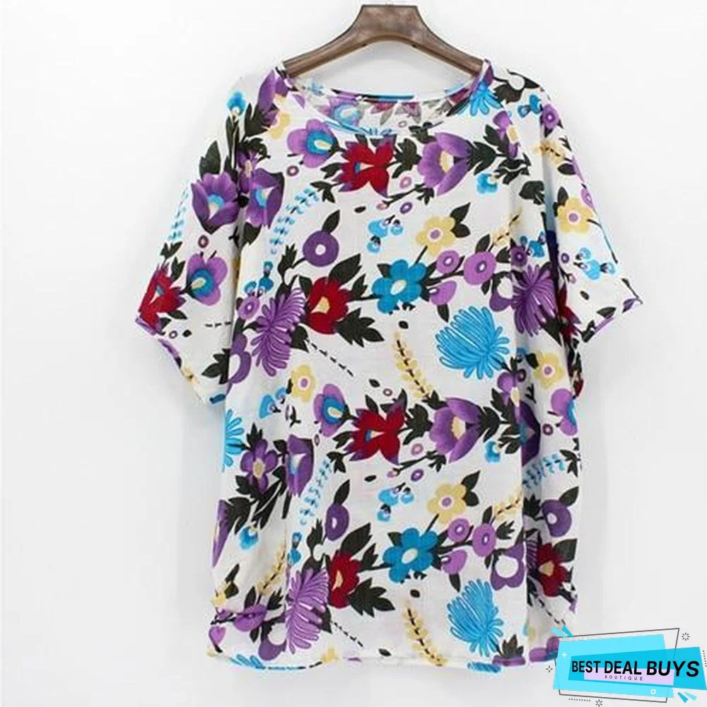 Plus Size Women Batwing Casual Tops Tees Floral Print Cotton Linen Blouses