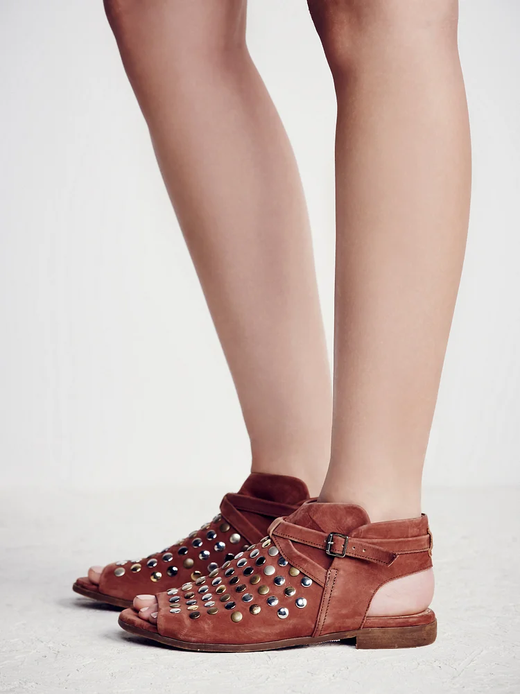 Tan Sandals Vintage Shoes Slip-on Suede Rivets Comfortable Flats |FSJ Shoes