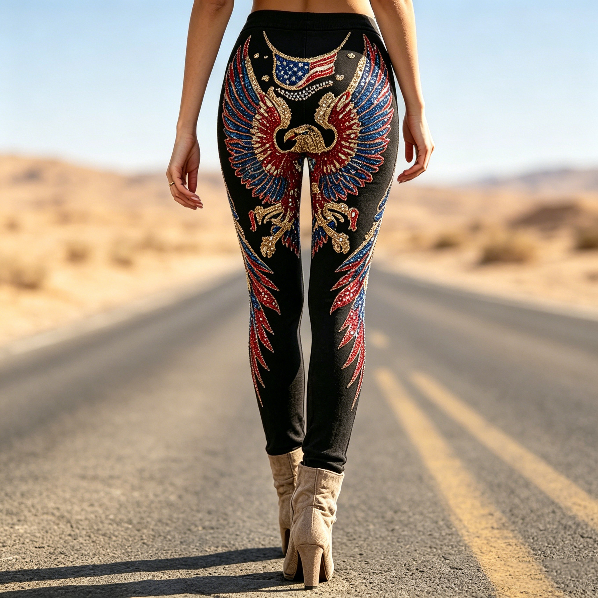 Comstylish Women's Retro Independence Day Flag & Eagle Print Leggings