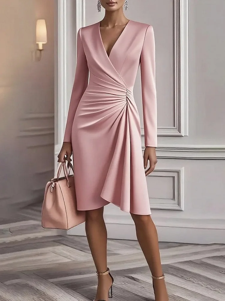 Solid color long-sleeved V-neck pleated dress