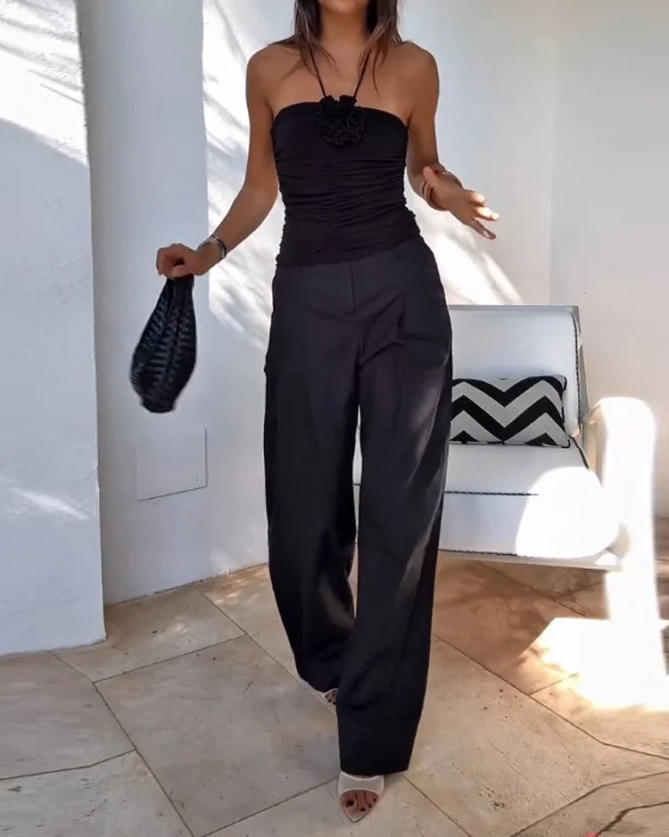 Sleeveless tube top solid color two piece suit
