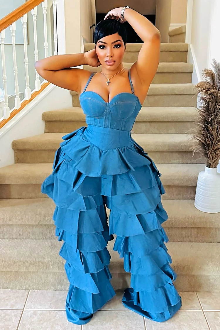 Cami Corset Top Tiered Ruffle Wide Leg Pants Denim 2pcs Set-Blue [Pre Order]