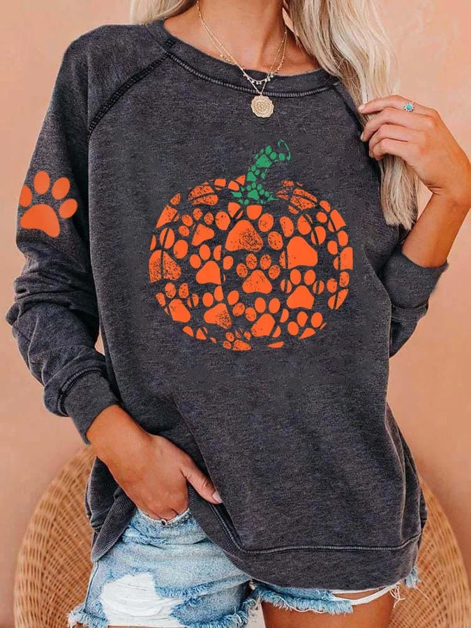 Women's Dog Paw Print Pumpkin Casual Sweatshirt