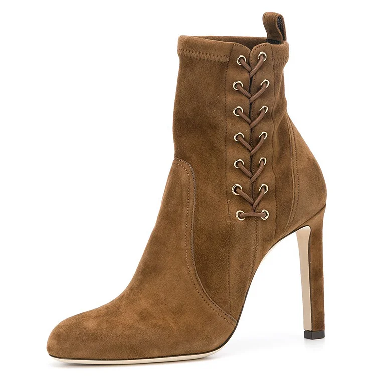 Brown Lace Up Chunky Heel Almond Toe Ankle Boots |FSJ Shoes