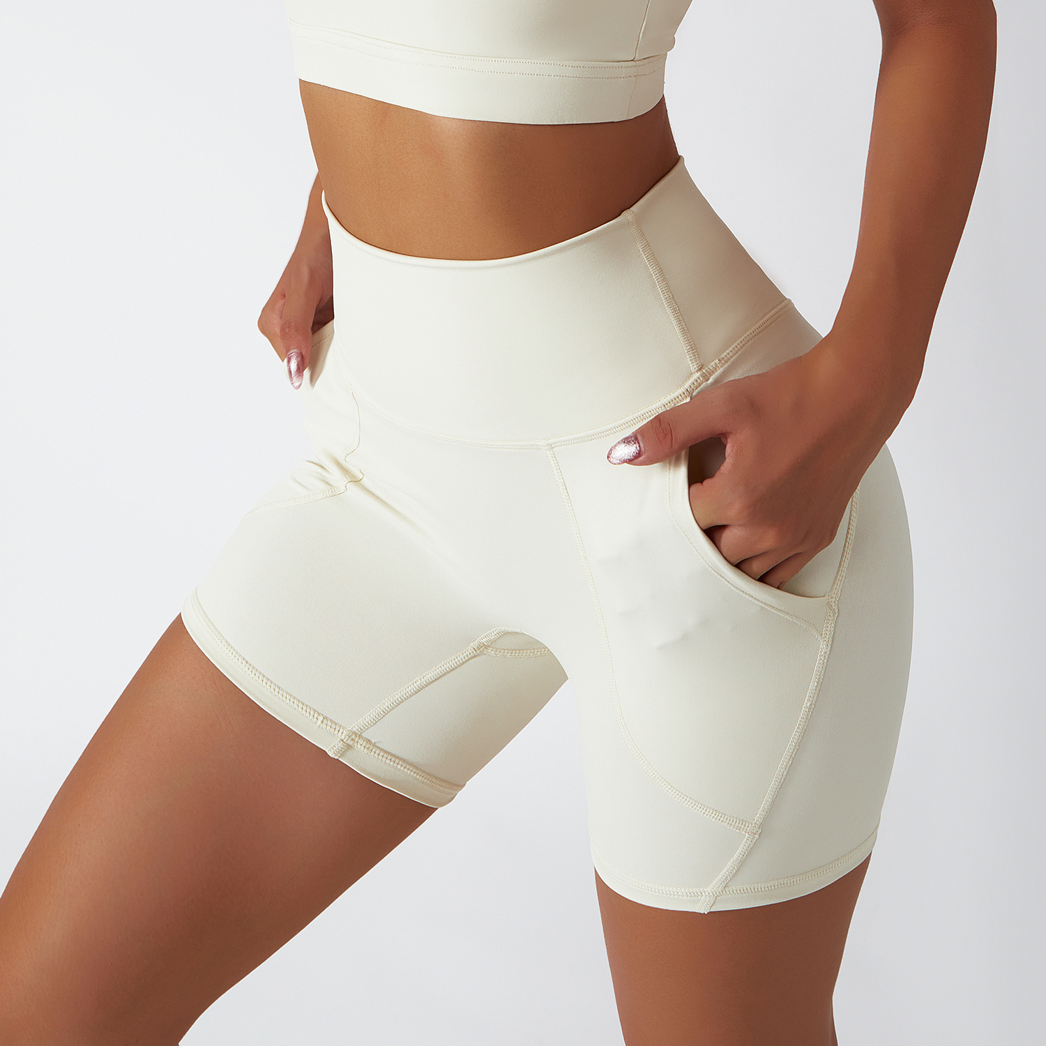 Hergymclothing Cream Apricot renewable fabric sustainable no front seam yoga shorts with side pockets online shopping